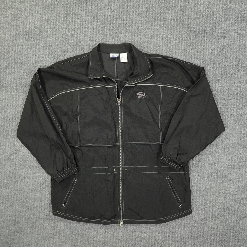 Reebok Jacket Mens‎ XL Black Nylon Full Zip Windbreaker Mesh Lined Pockets Track